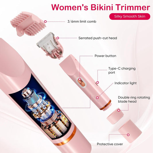 2-in-1 Electric Lady Shaver for Women – Cordless Facial Hair & Bikini Trimmer for Face, Legs and Underarms