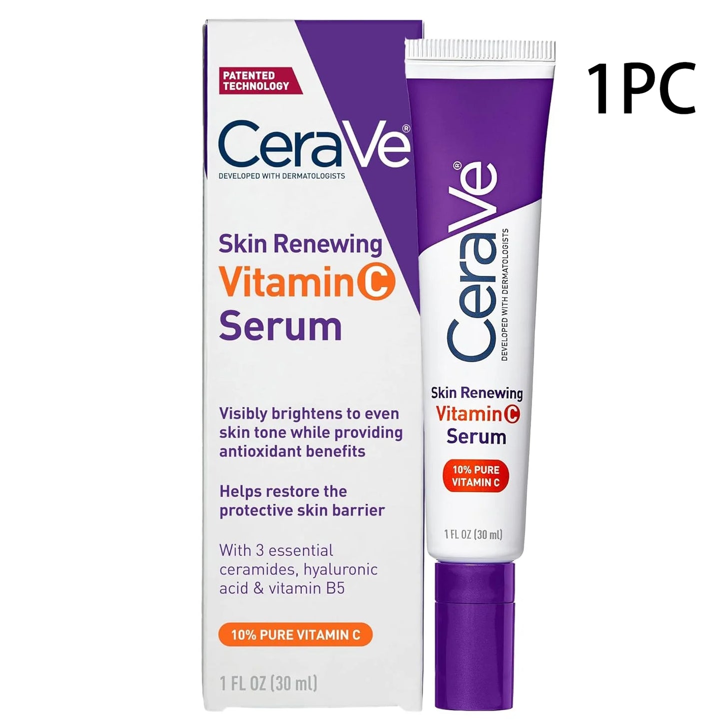 CeraVe Vitamin C Serum 10% Pure, Hyaluronic Acid & 3 Ceramides, Fragrance-Free Brightening Antioxidant Serum for Face, 1oz