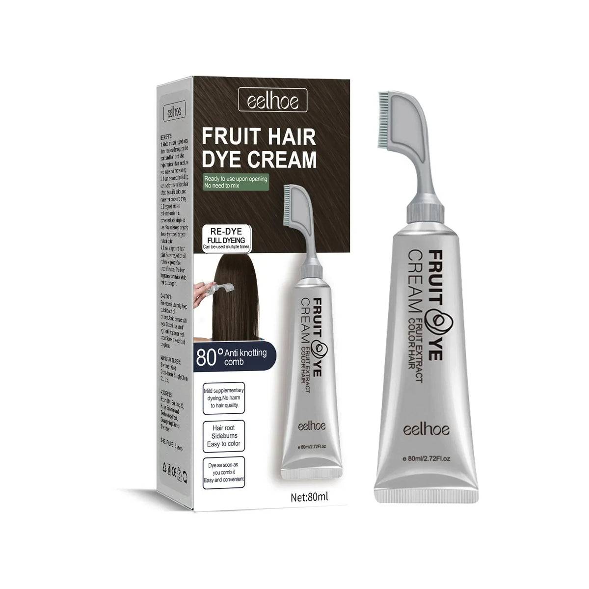 EELHOE Natural Hair Dye Cream with Comb – Gray & White Hair Coverage 80ml