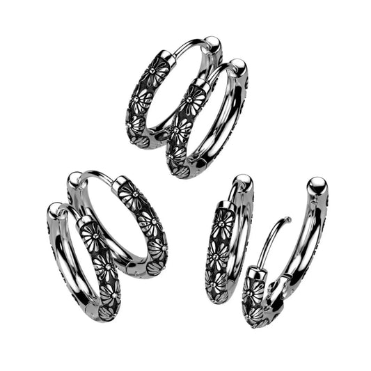 Gothic Floral Surgical Steel Hoop Earrings – Unisex Stainless Steel Jewellery