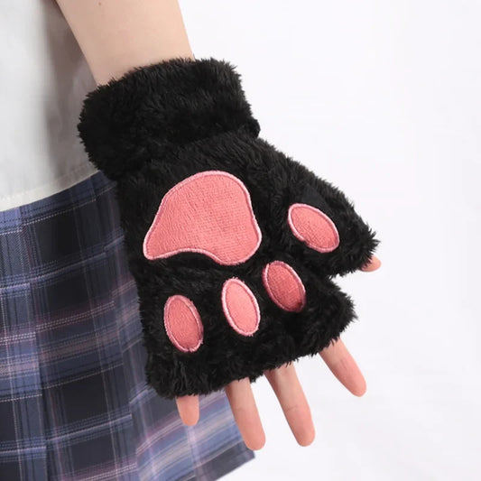 Womenâs Plush Cat Paw Gloves, Warm Half-Finger Winter Mittens