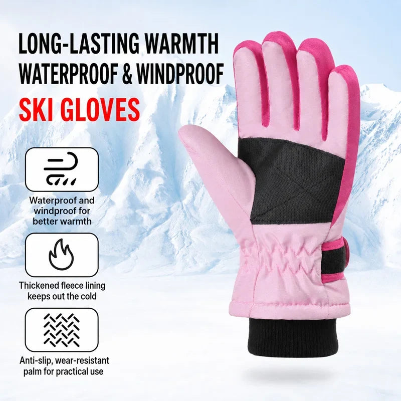 Kids Winter Ski Gloves – Waterproof Windproof Fleece-Lined Gloves for Boys and Girls