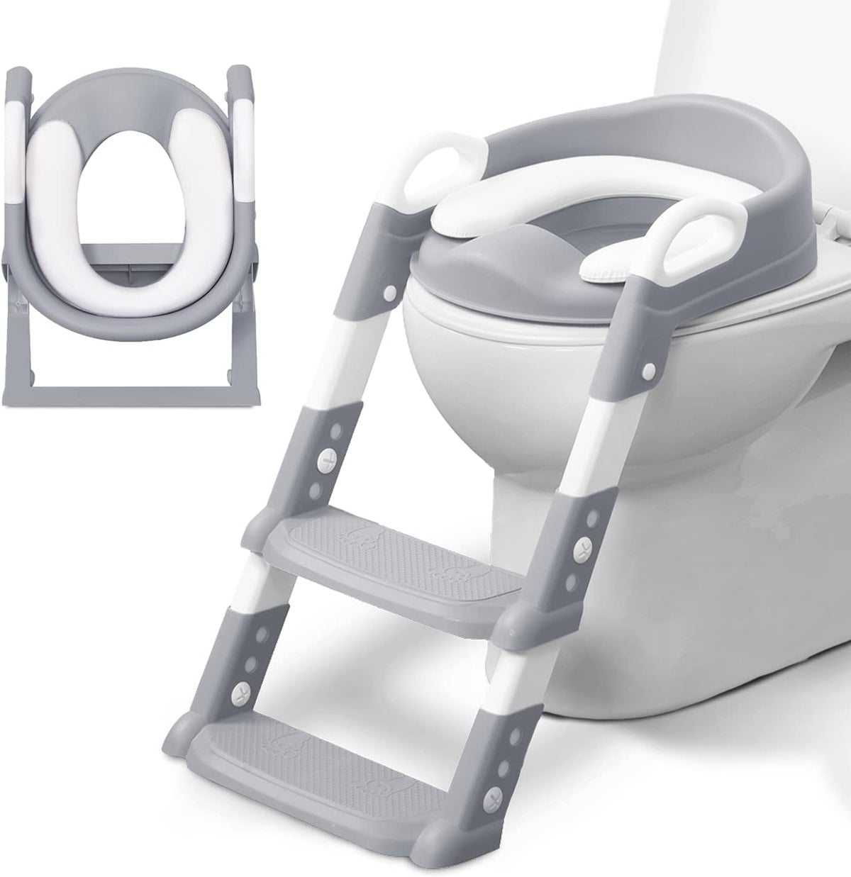 Kids Toilet Training Potty Ladder Seat with Steps, Handle, Soft Cushion, Non-Slip Base & Splash Guard