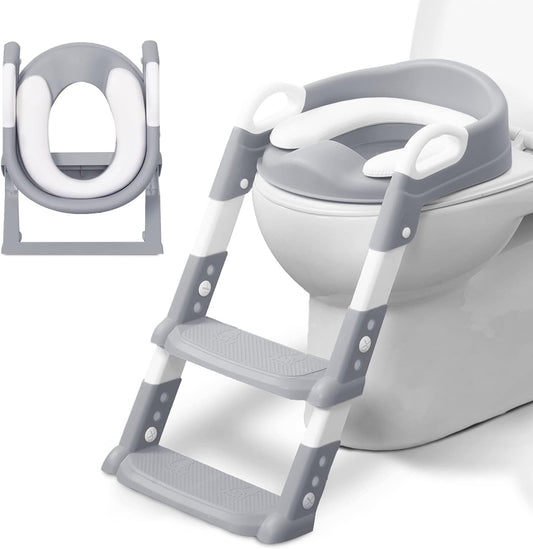 Kids Toilet Training Potty Ladder Seat with Steps, Handle, Soft Cushion, Non-Slip Base & Splash Guard