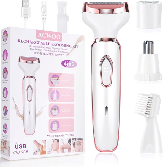 4-in-1 Electric Lady Shaver for Women – Rechargeable Wet & Dry Trimmer for Face, Legs, Underarms, Nose & Eyebrows