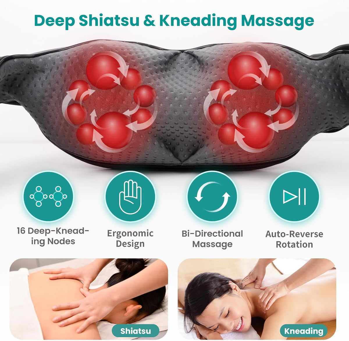 Shiatsu Neck and Back Massager with Soothing Heat, 3D Kneading Massage Pillow for Shoulders, Legs & Body