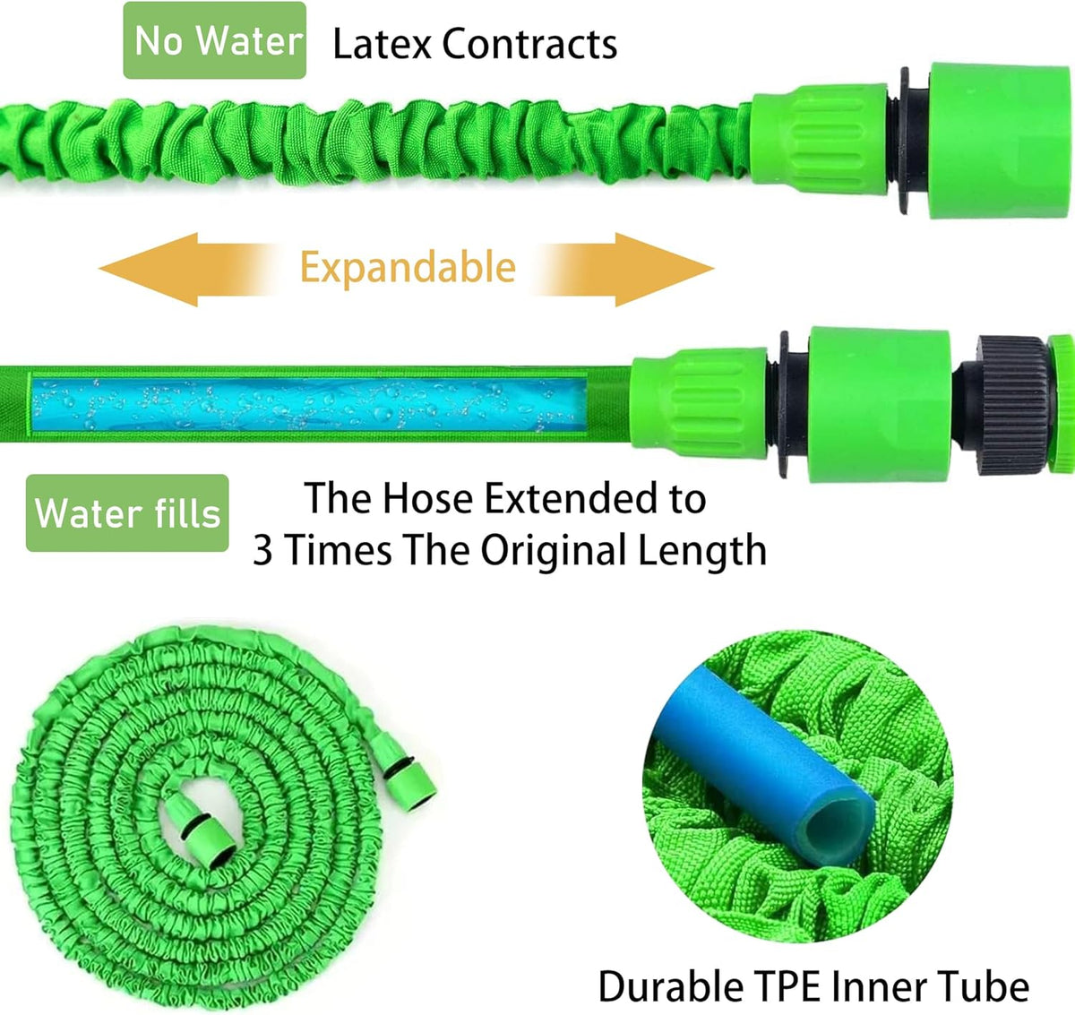 Expandable Garden Hose with 7-Mode Spray Gun – Flexible Retractable Water Hose 25ft 50ft 100ft