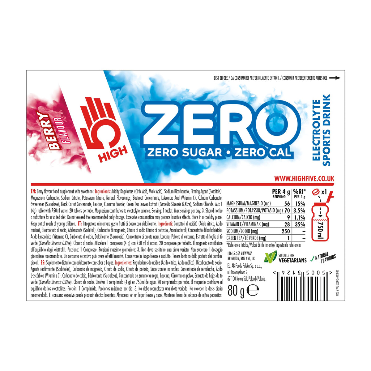 أقراص High5 Zero Electrolyte بنكهة التوت – 20 قرصًا، حصة 500 مل