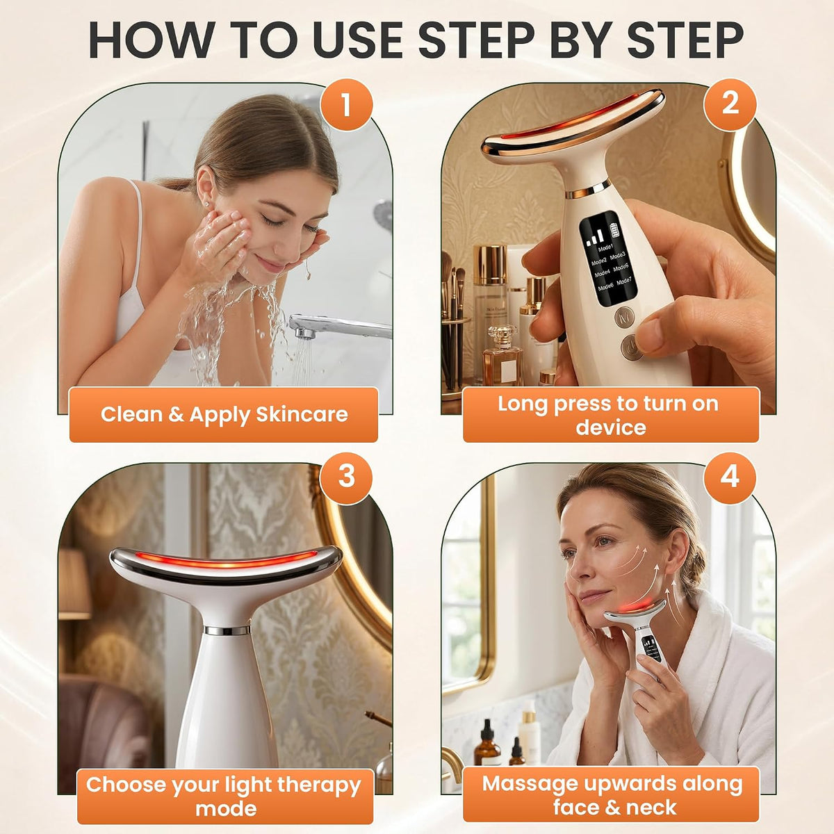 7-in-1 LED Light EMS Microcurrent Face & Neck Massager for Skin Firming, Facial Contouring & Wrinkle Care