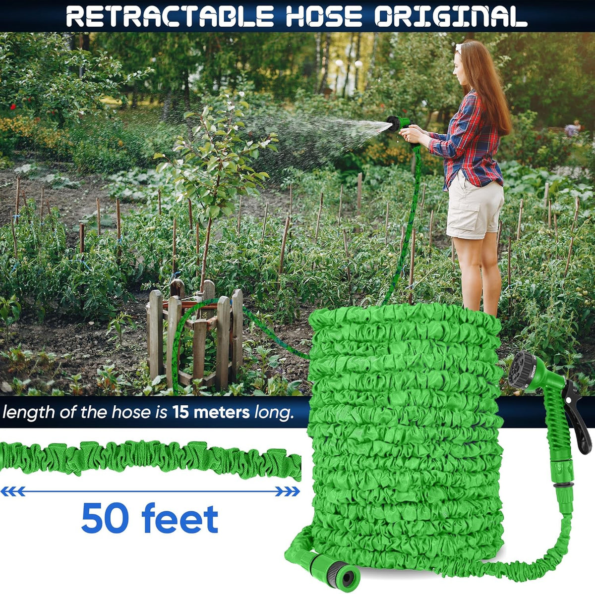 Expandable Garden Hose with 7-Mode Spray Gun – Flexible Retractable Water Hose 25ft 50ft 100ft