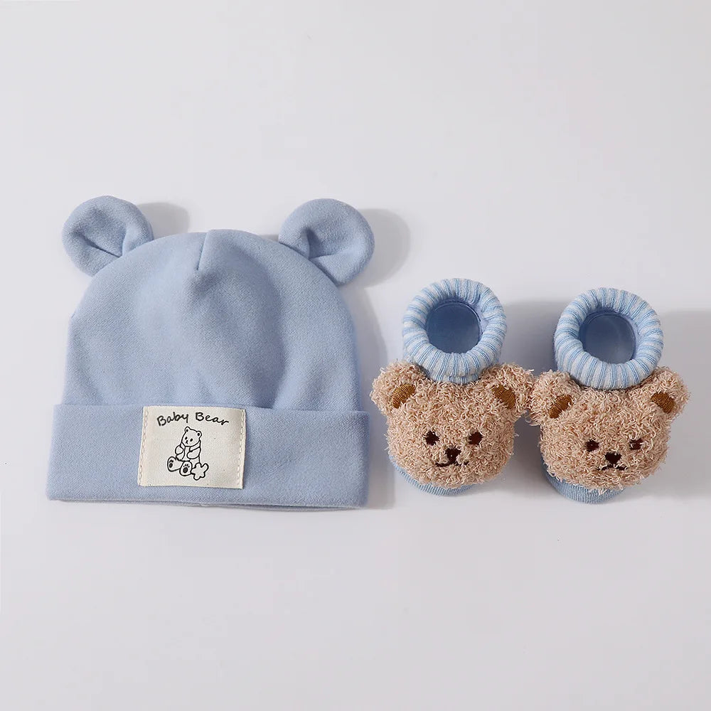 2-Piece Baby Bear Ear Hat and Socks Set – Cotton Knit Warm Accessories for Newborns