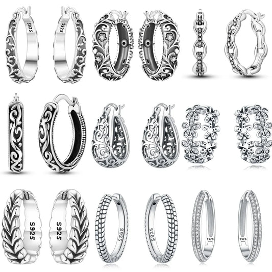 925 Sterling Silver Vintage Floral Hoop Earrings for Women