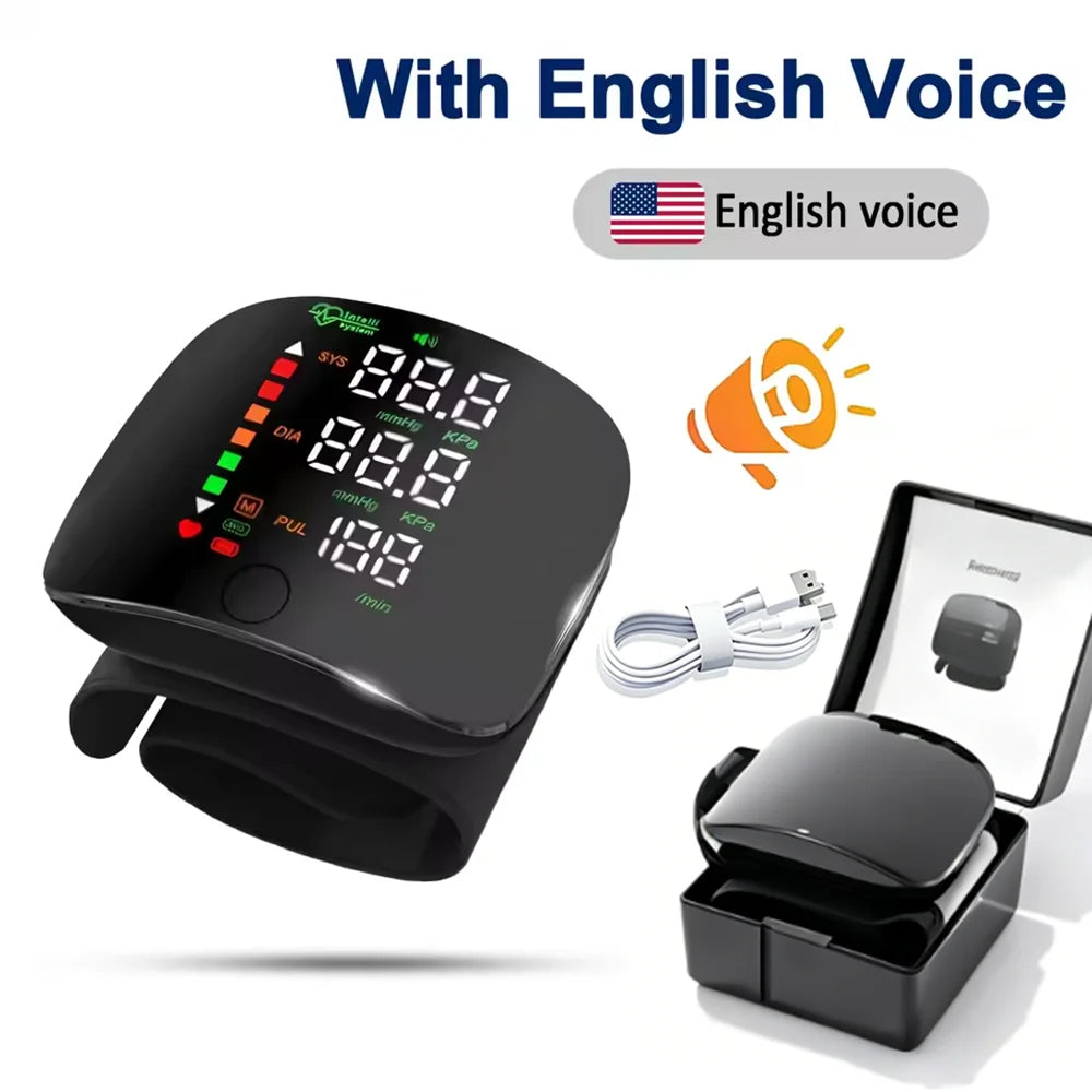 New LED Wrist Blood Pressure Monitor Rechargeable English Voice Broadcast Sphygmomanometer Tonometer BP Monitor