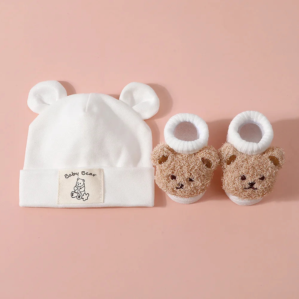 2-Piece Baby Bear Ear Hat and Socks Set – Cotton Knit Warm Accessories for Newborns