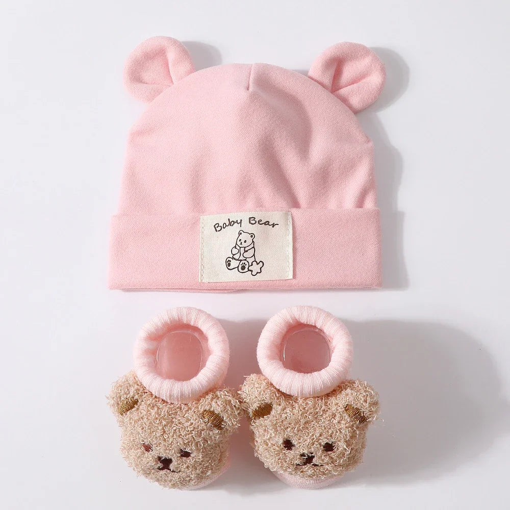 2-Piece Baby Bear Ear Hat and Socks Set – Cotton Knit Warm Accessories for Newborns