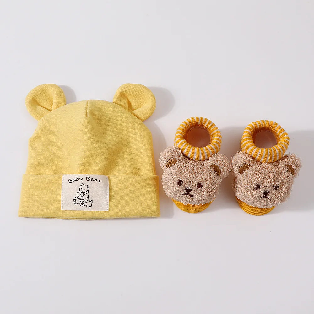 2-Piece Baby Bear Ear Hat and Socks Set – Cotton Knit Warm Accessories for Newborns