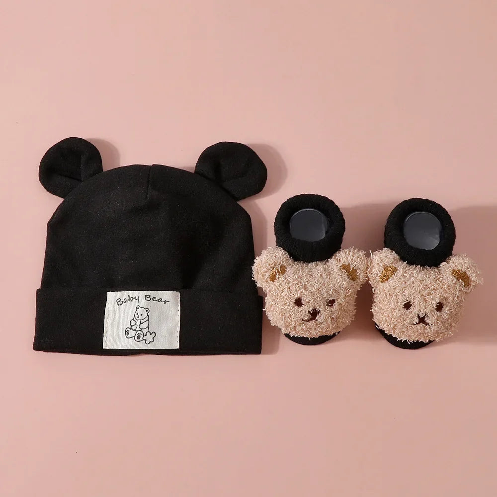 2-Piece Baby Bear Ear Hat and Socks Set – Cotton Knit Warm Accessories for Newborns