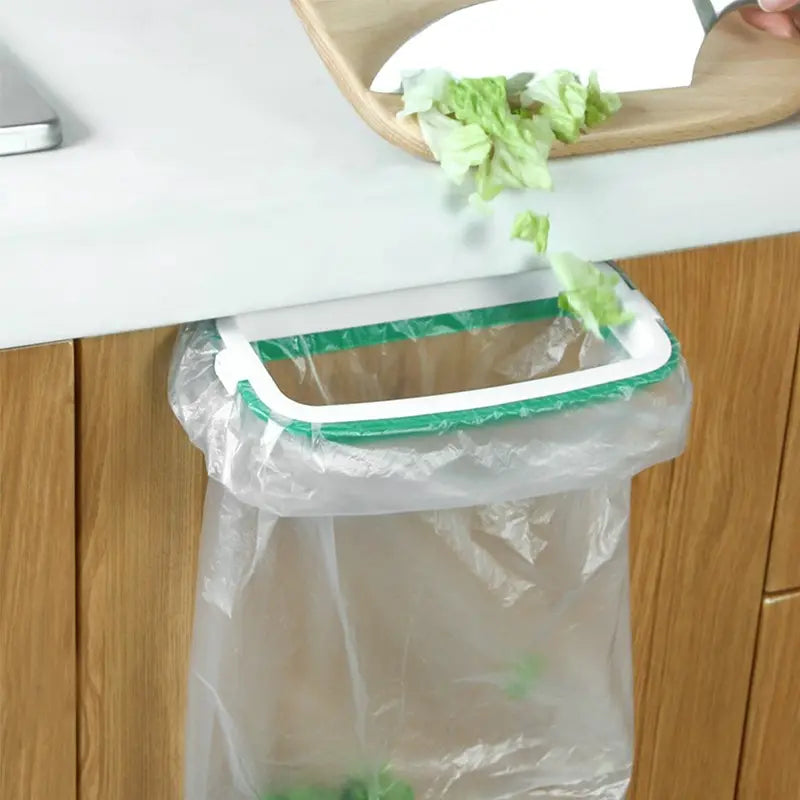 1pc Green Stylish Hanging Garbage Bag Rack with Cover Portable Kitchen Cabinet Rubbish Bag Plastic Rack Support Holder