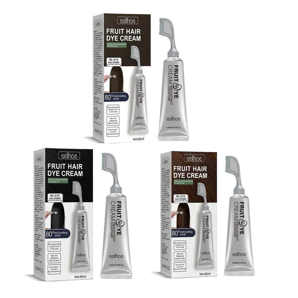 EELHOE Natural Hair Dye Cream with Comb – Gray & White Hair Coverage 80ml