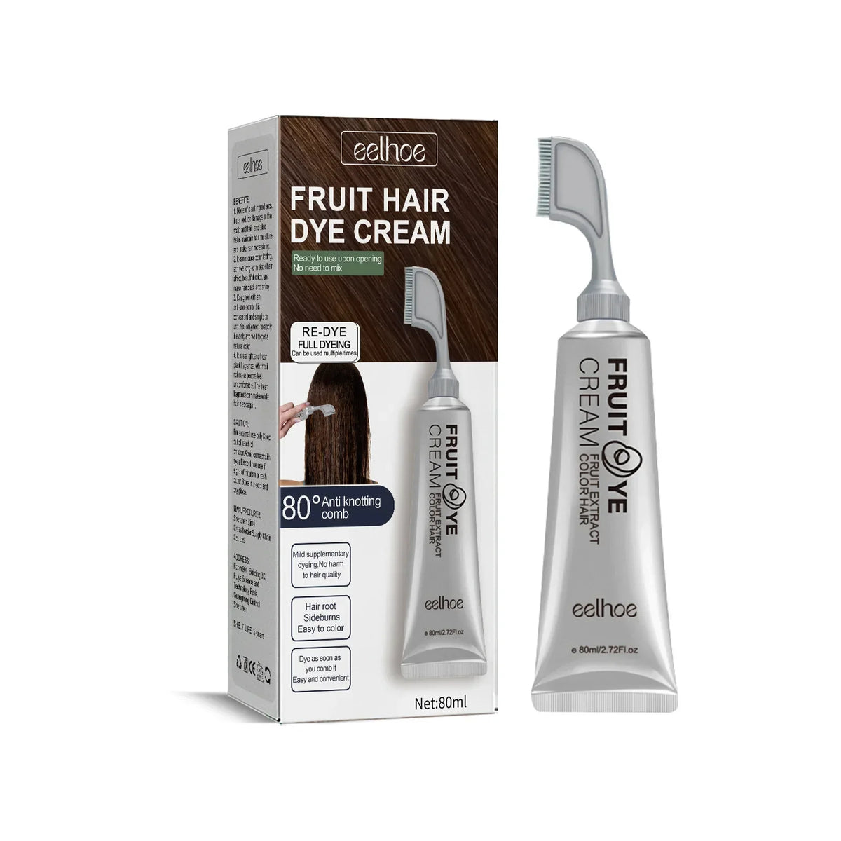 EELHOE Natural Hair Dye Cream with Comb – Gray & White Hair Coverage 80ml