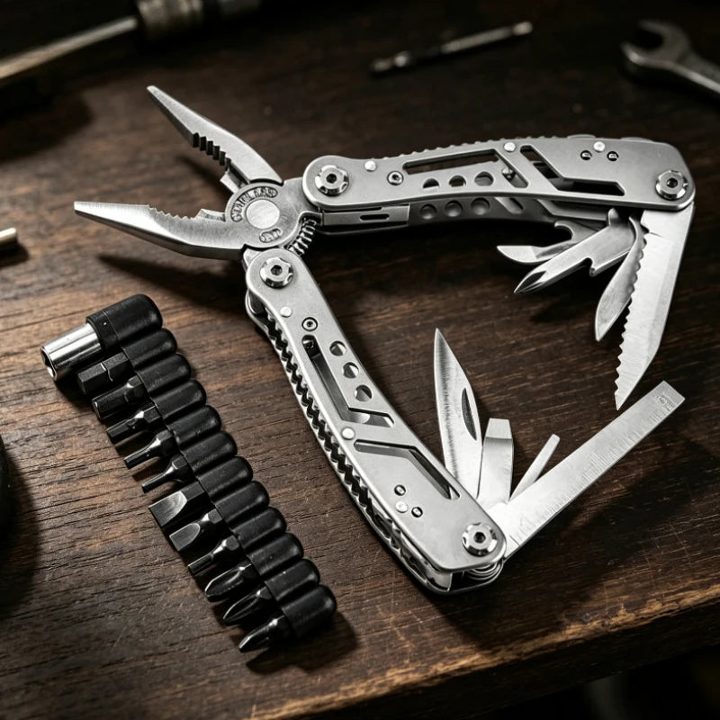 11in 1 Combination Foldable Multifunctional Pliers Portable Emergency Survival Camping Tool with 12 Screwdriver Head Mini Knife