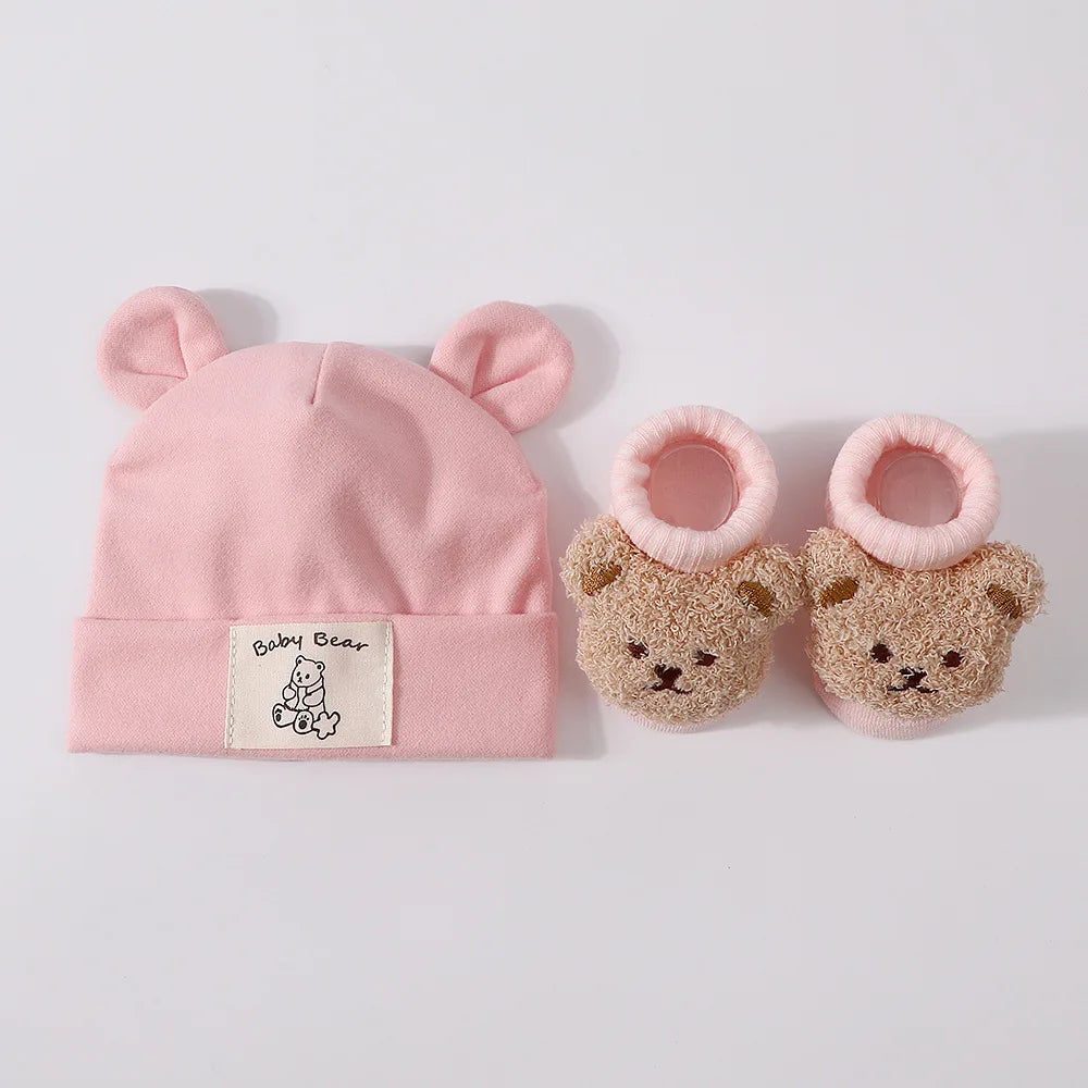 2-Piece Baby Bear Ear Hat and Socks Set – Cotton Knit Warm Accessories for Newborns