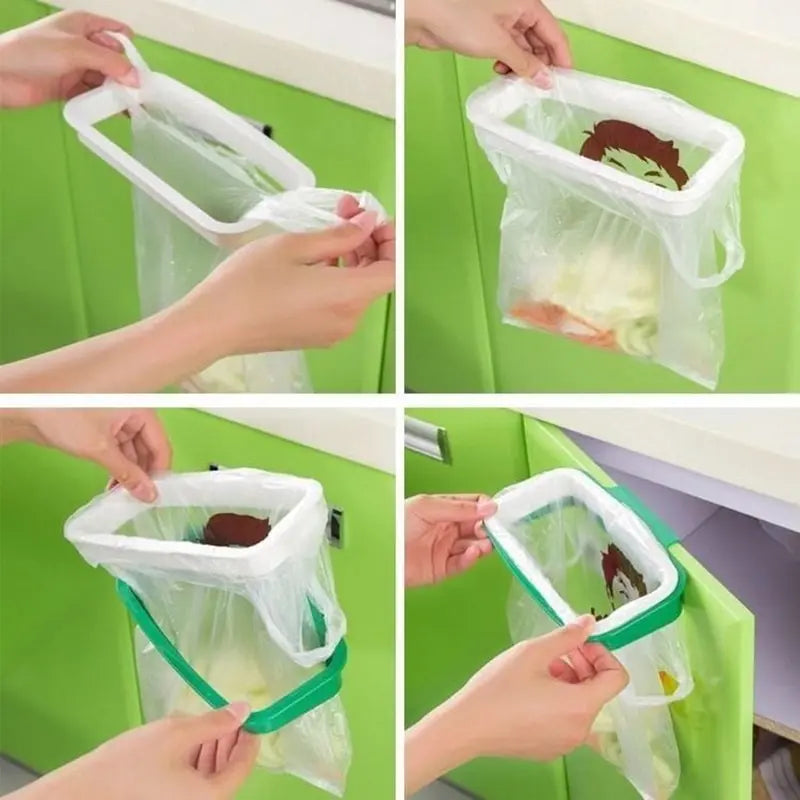 1pc Green Stylish Hanging Garbage Bag Rack with Cover Portable Kitchen Cabinet Rubbish Bag Plastic Rack Support Holder