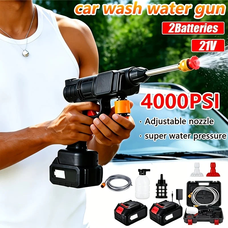 4000PSI Cordless Pressure Washer, 1200mAh Dual Batteries Long Runtime, 6-in-1 Adjustable Nozzle, Portable High-Pressure Water Gun, Powerful Stain Removal, for Car/Patio/ Garden/ Balcony/Floor/ Window/Wheel Hub Cleaning, Gift for Car Owners