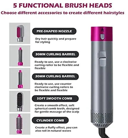 5-in-1 Hot Air Hair Styler Brush with Hair Dryer, Volumizer, Curler, Straightener & Ionic Styling Tools