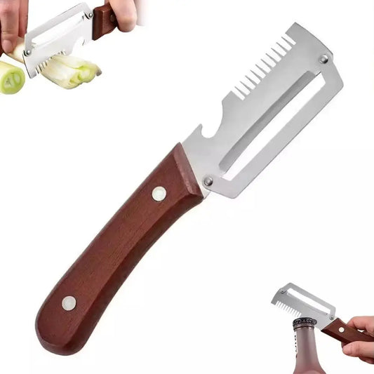 3-in-1 Vegetable Peeler Wooden Handle with Bottle Opener Kitchen Shredder Stainless Steel Peeling Tool for Fruit and Vegetable