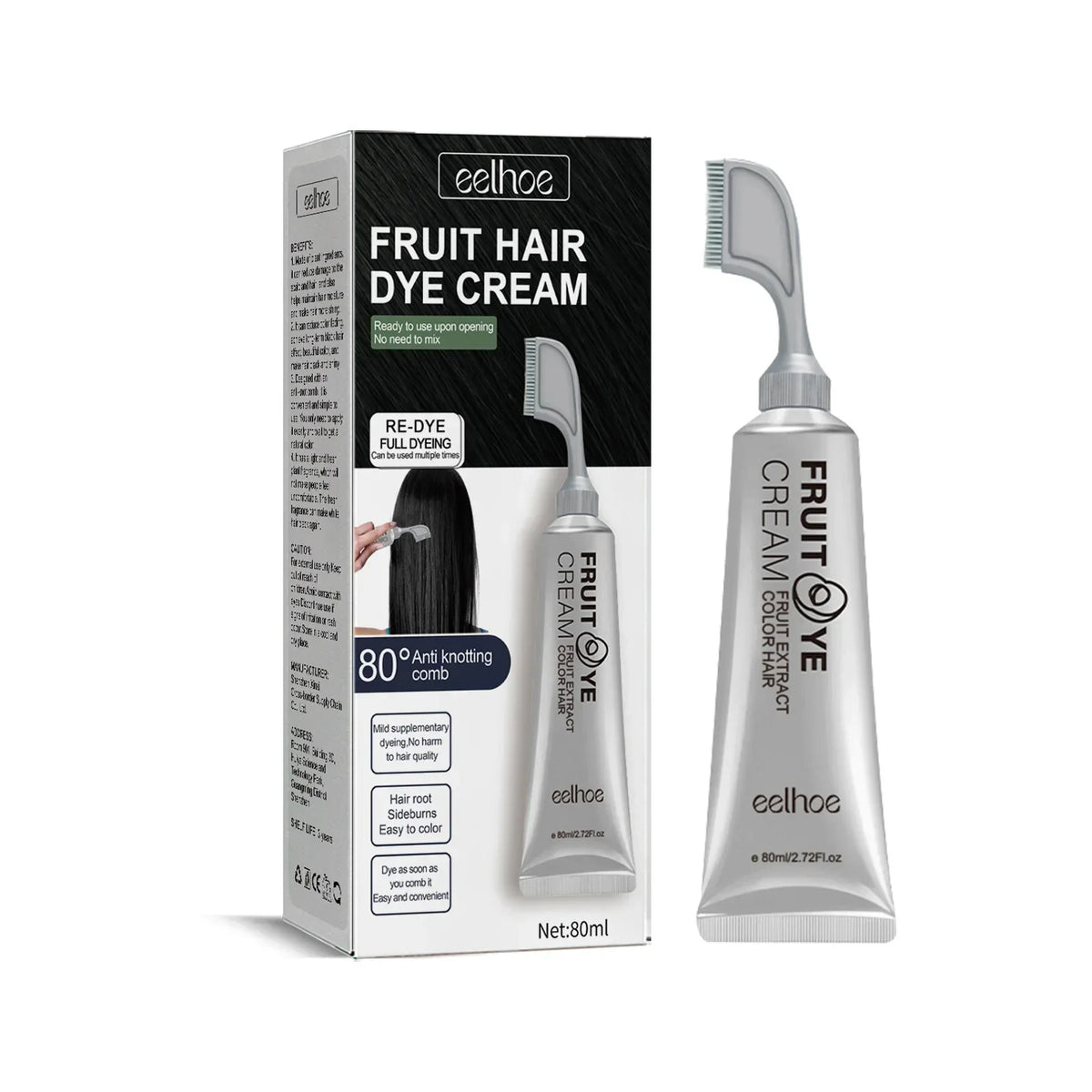 EELHOE Natural Hair Dye Cream with Comb – Gray & White Hair Coverage 80ml
