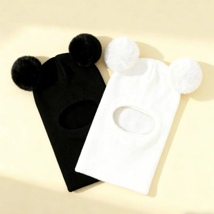 Winter Children's Hooded Knitted Hat with Ear and Neck Protection, Double Ball Warm Cap